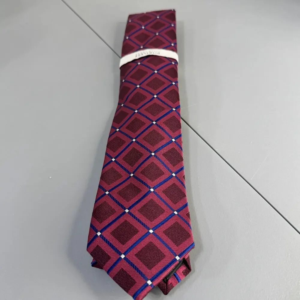 Perry‎ Ellis Portfolio Mens Necktie Hendry Grid Maroon Office Professional New